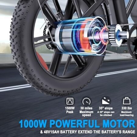 YVY Electric Bike for Adults with Rear Seat and Front Basket, 1000W 48V 15Ah – LCD Color Screen – F/R Disc Brake – Front Fork Shock Absorption – 20″x4.0″Fat Tire All Terrain Commuting E-Bike – 2 Seats