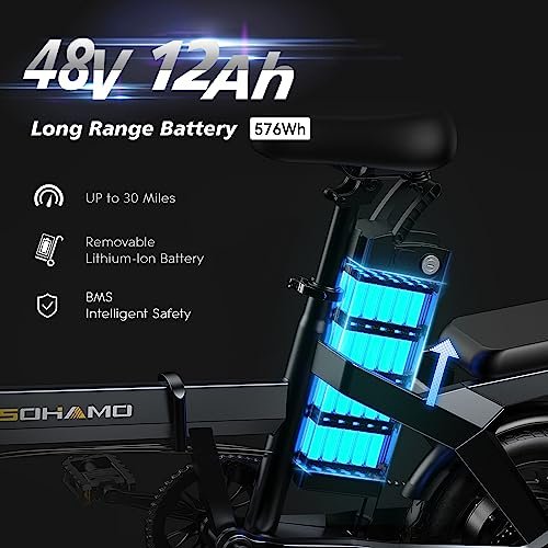 SOHAMO A3 Electric Bike for Adults, 400W Brushless Motor Foldable Mini Ebike with 22mph, 48V 12/16AH Multi-Shock Absorption 14″ Small Electric Bicycles for Road Cruiser Cargo Pedal Assist - Image 5