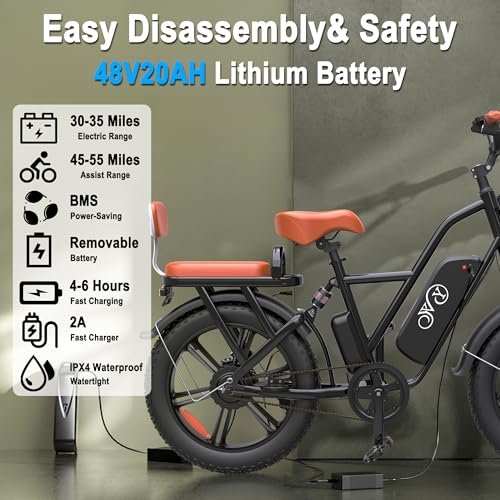 YVY Electric Bike for Adults with Rear Seat and Front Basket, 1000W 48V 15Ah – LCD Color Screen – F/R Disc Brake – Front Fork Shock Absorption – 20″x4.0″Fat Tire All Terrain Commuting E-Bike – 2 Seats - Image 4
