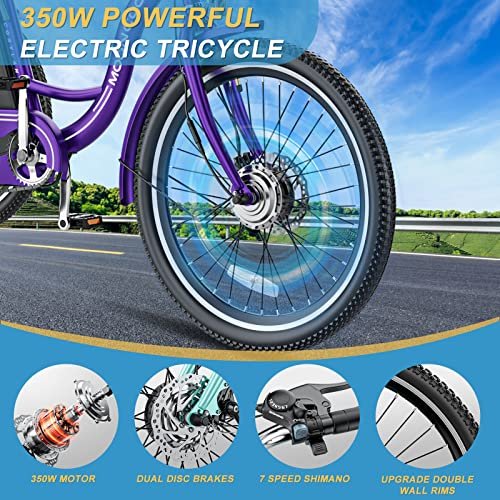 NAIZEA Electric Tricycle Adult Electric Bicycles, 350W 36V Electric Trike, 24″ 26″ 3 Wheel Electric Bike Ebike E Bicycle with Removable Battery, Motorized Trike with Basket for Women Men - Image 3